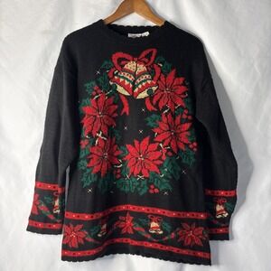 Vtg Christmas Nutcracker Womens S Poinsettia Wreath & Bells Black Knit Sweater